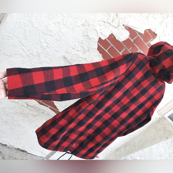 Large LEVI'S red black Buffalo plaid checkers hooded coat jacket quilted lining - Picture 12 of 16